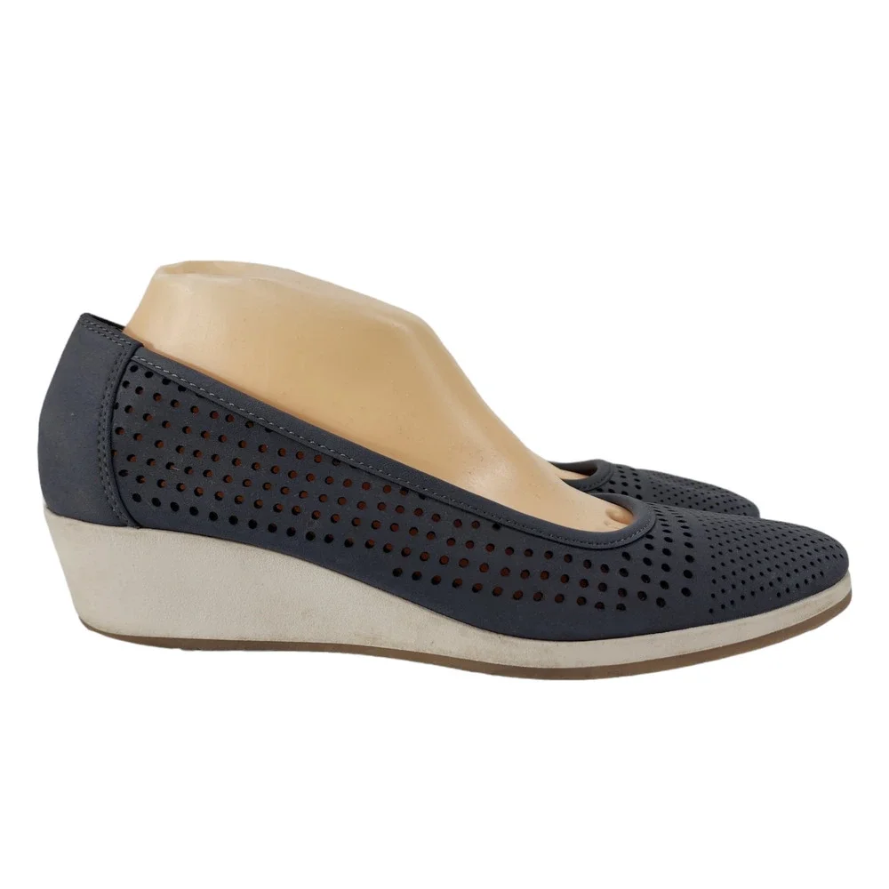 Naturalizer Becky Wedge Heels 9.5 Women Gray White N5 Comfort Shoe Perforated‎